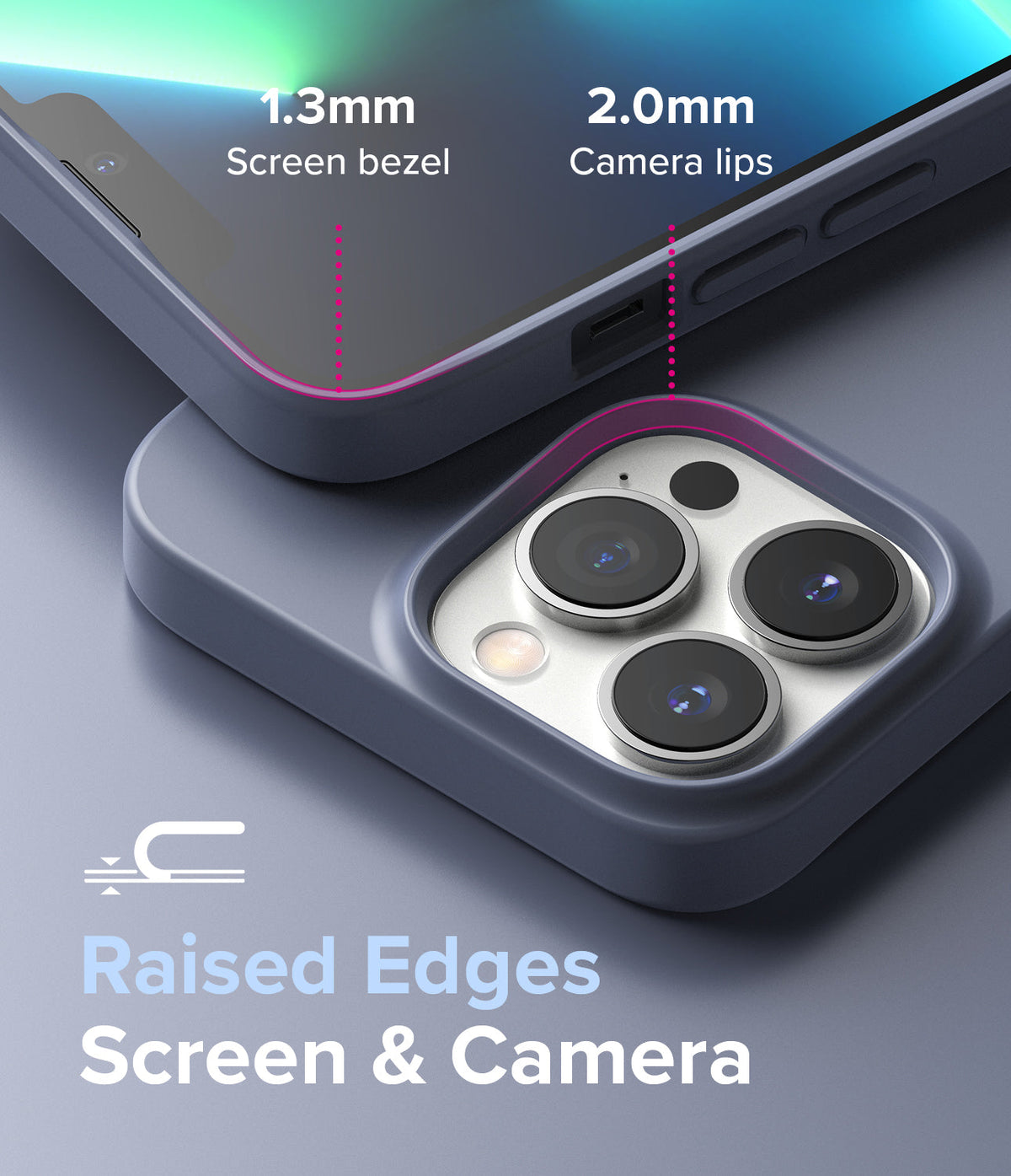 iPhone 13 Pro Case | Air-S - Close-up of phone case showing 1.3mm screen bezel and 2.0mm raised camera lips for protection.
