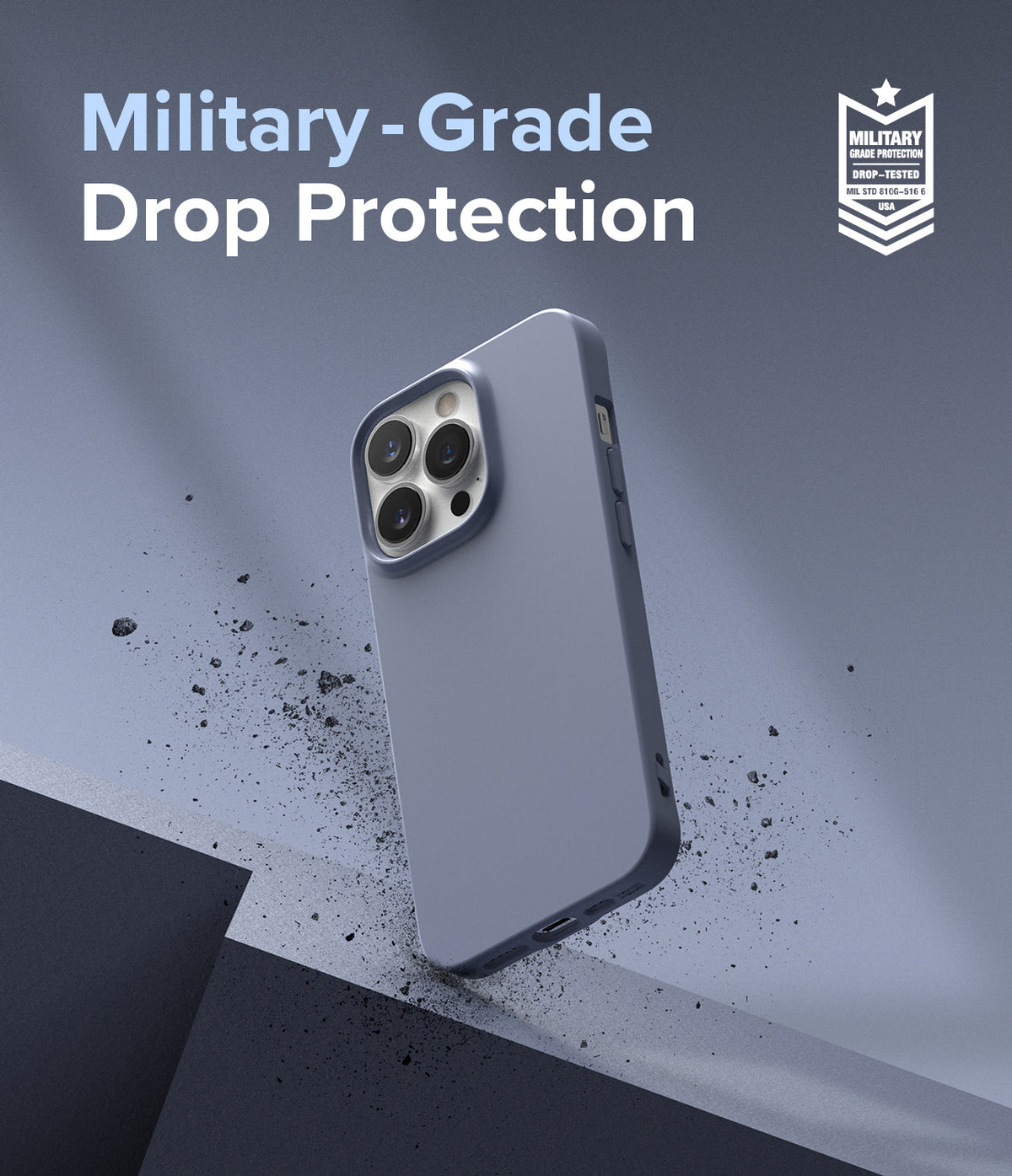 iPhone 13 Pro Case | Air-S - Blue iPhone 13 Pro case floating above a surface with debris, featuring military-grade drop protection.