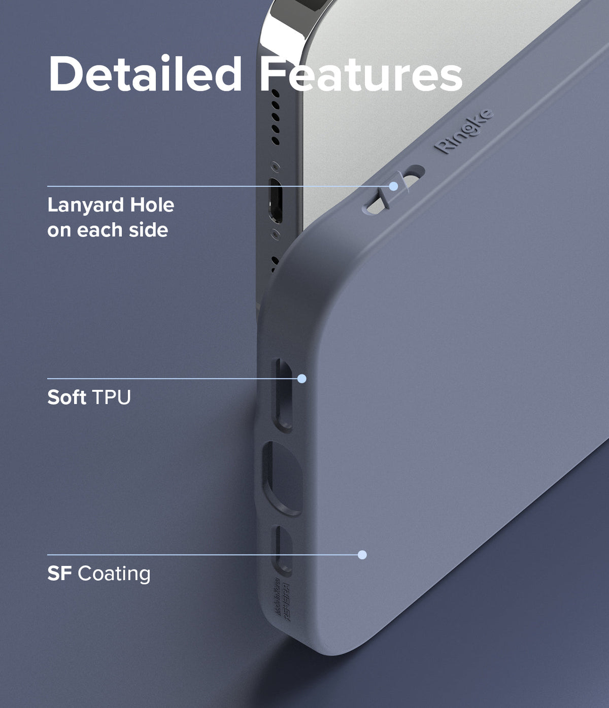 iPhone 13 Pro Case | Air-S - Blue phone case highlighting lanyard holes, soft TPU material, and SF coating features.
