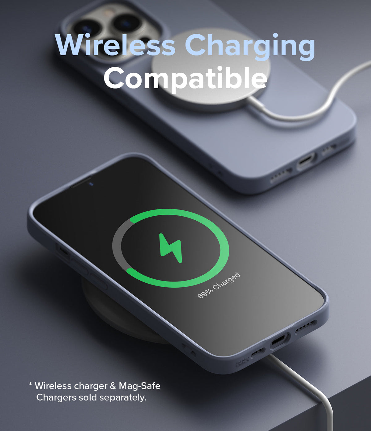 iPhone 13 Pro Case | Air-S - Blue iPhone 13 Pro in a case charging wirelessly with a MagSafe puck and on-screen indicator.