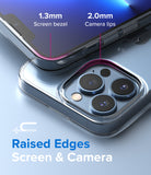 iPhone 13 Pro Case | Air - Clear case showing 1.3mm screen bezel and 2.0mm camera lip protection on a blue iPhone.