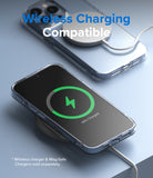 iPhone 13 Pro Case | Air - iPhone 13 Pro in a clear case wirelessly charging with a MagSafe puck on a blue surface.