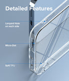 iPhone 13 Pro Case | Air - Close-up of clear glitter phone case highlighting lanyard holes, micro-dot pattern, and soft TPU.