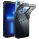 iPhone 13 Pro Case | Air - A light blue iPhone 13 Pro partially inserted into a flexible, transparent black protective case.
