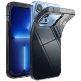 iPhone 13 Pro Case | Air - A light blue iPhone 13 Pro partially inserted into a flexible, transparent black protective case.
