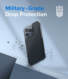 iPhone 13 Pro Case | Air - Clear phone case floating above a surface with debris, featuring military-grade drop protection text.