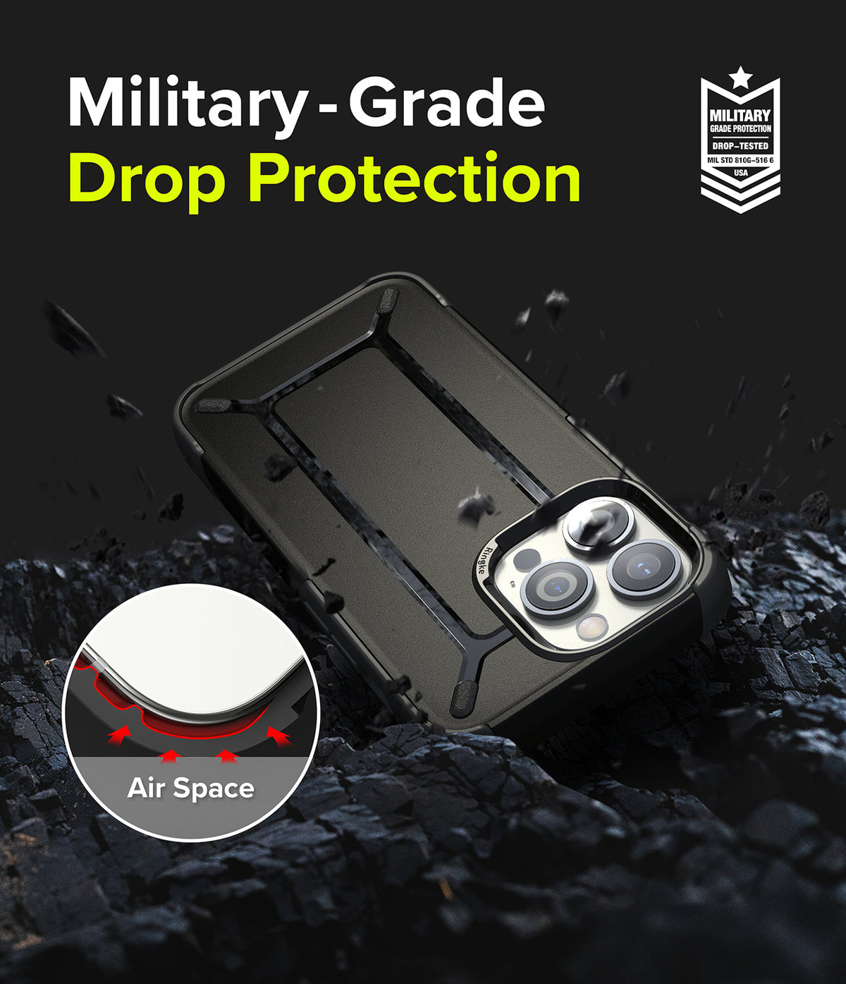 iPhone 13 Pro Case | DX - Black protective phone case with air space corner cushioning and military-grade drop protection.