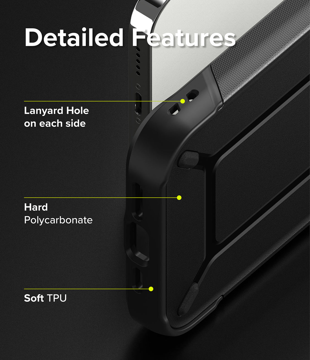 iPhone 13 Pro Case | DX - Close-up of phone case features highlighting lanyard holes, hard polycarbonate, and soft TPU materials.