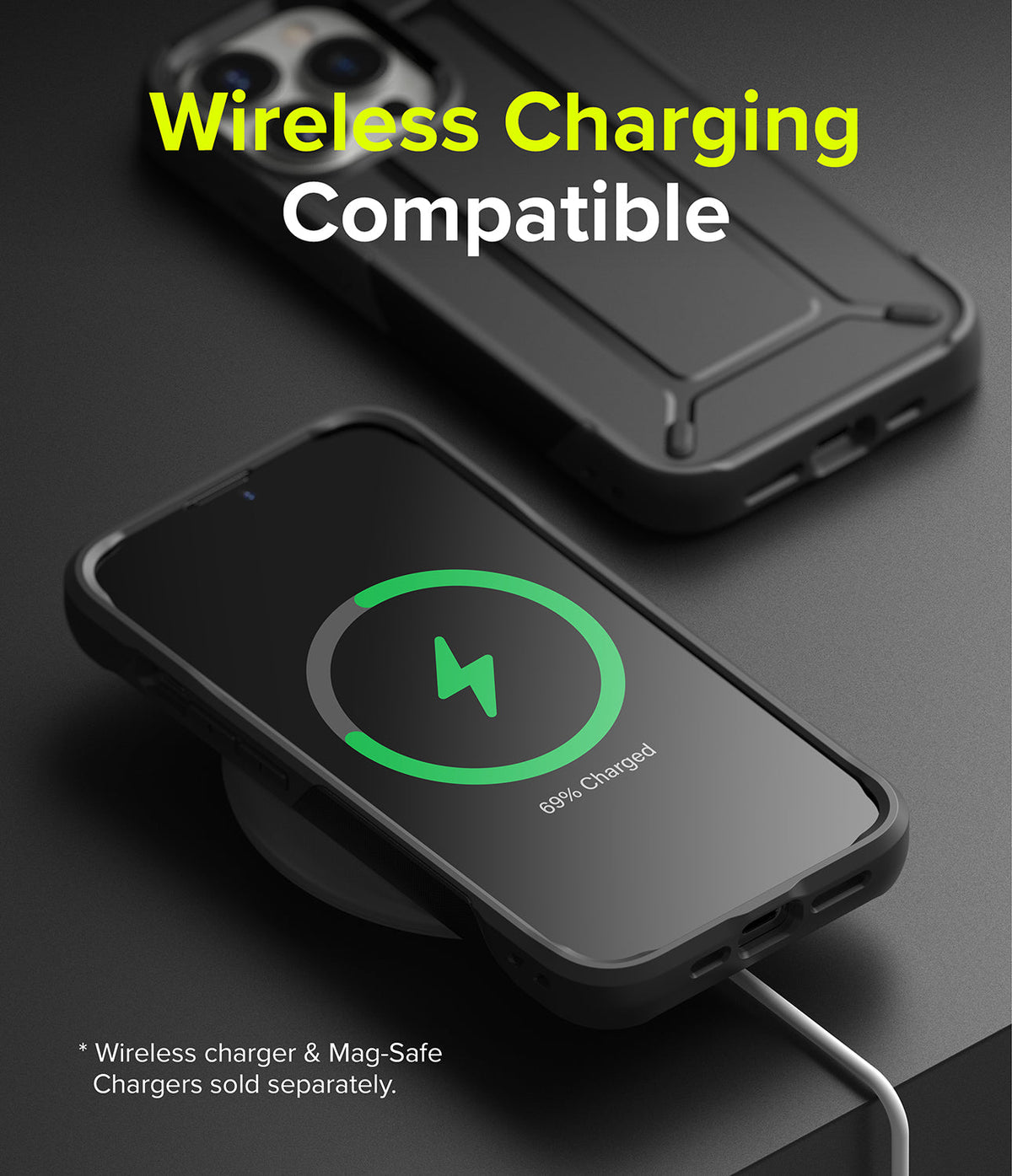 iPhone 13 Pro Case | DX - Black phone case on a wireless charger showing a green charging icon and 69% battery level.