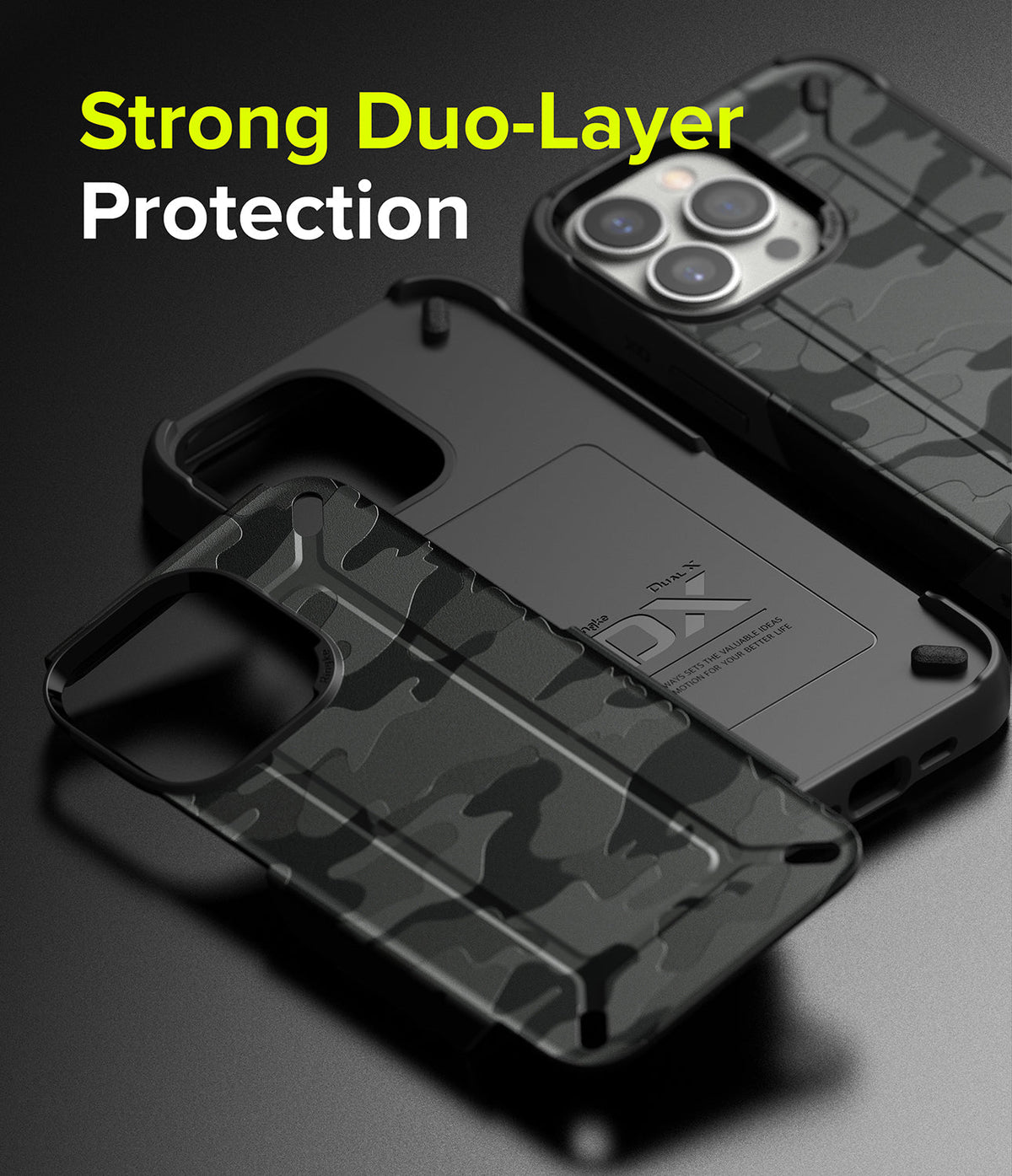 iPhone 13 Pro Case | DX - Two black camouflage phone cases shown in layers with text reading Strong Duo-Layer Protection.