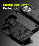 iPhone 13 Pro Case | DX - Two black camouflage phone cases shown in layers with text reading Strong Duo-Layer Protection.