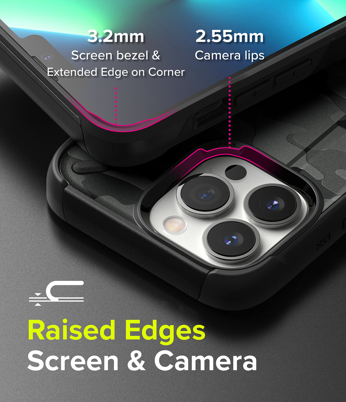 iPhone 13 Pro Case | DX - Close-up of phone case showing 3.2mm screen bezel and 2.55mm camera lip protection measurements.