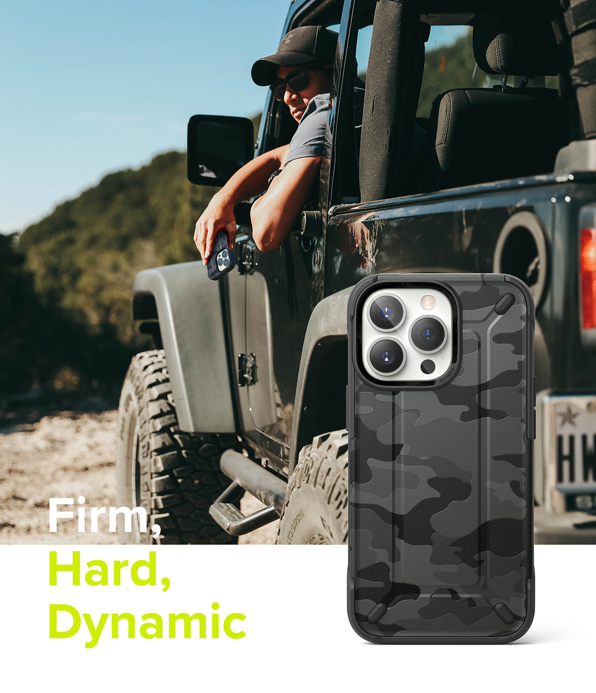 iPhone 13 Pro Case | DX - Black camo phone case shown next to a man in a Jeep with the text Firm, Hard, Dynamic.