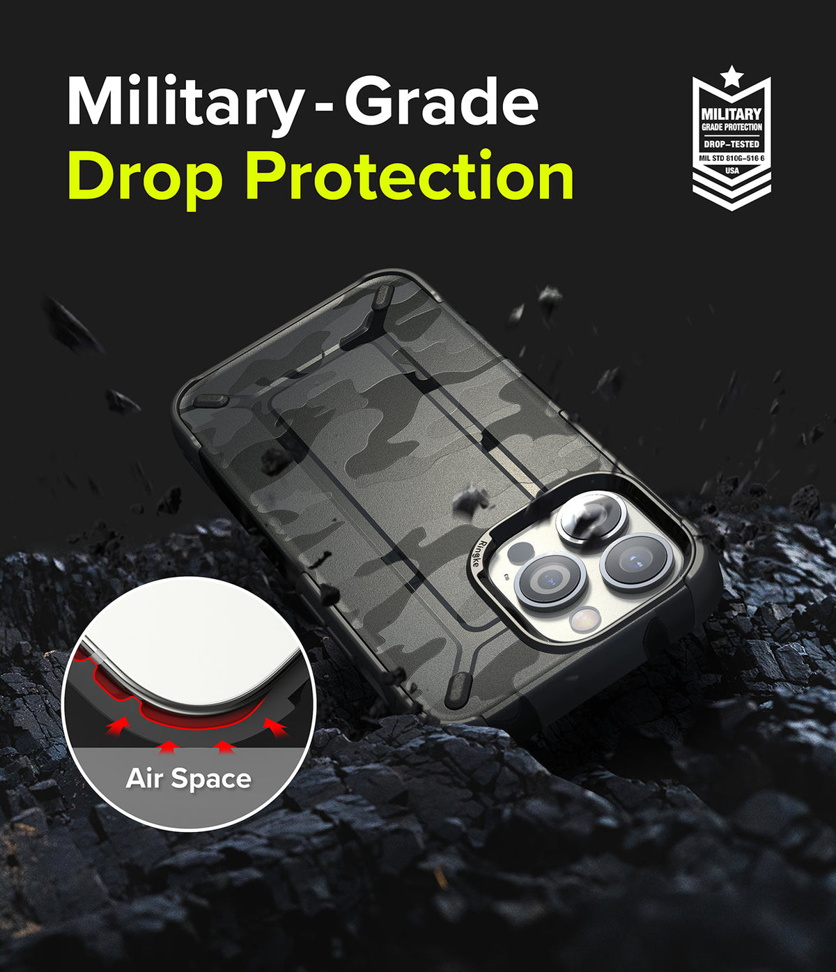 iPhone 13 Pro Case | DX - Camo phone case on rocky ground with military-grade drop protection and air space cushion detail.