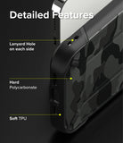 iPhone 13 Pro Case | DX - Close-up of a camo phone case highlighting lanyard holes, hard polycarbonate, and soft TPU features.