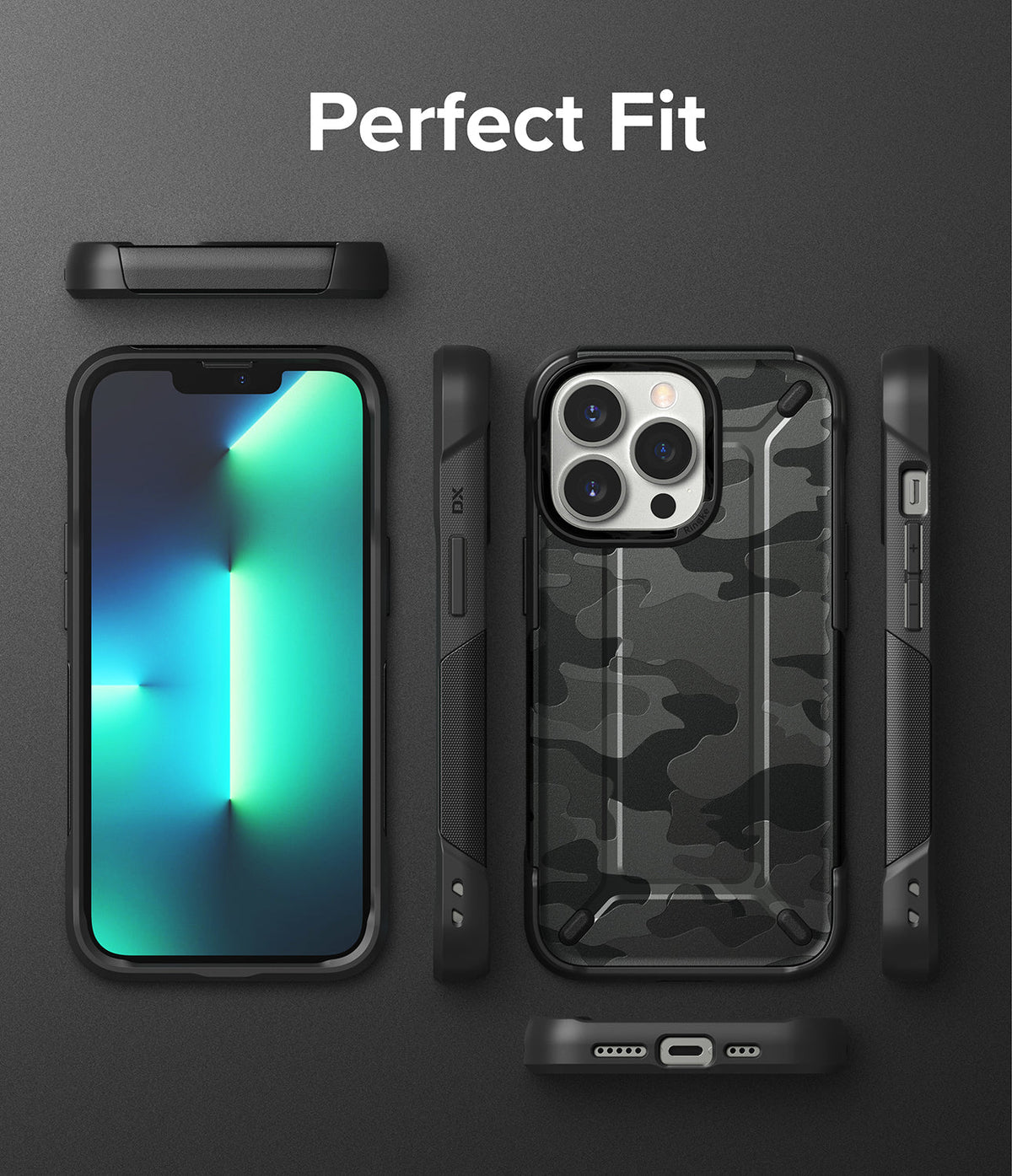 iPhone 13 Pro Case | DX - Exploded view of a black camo phone case showing front, back, and side profiles on a dark background.