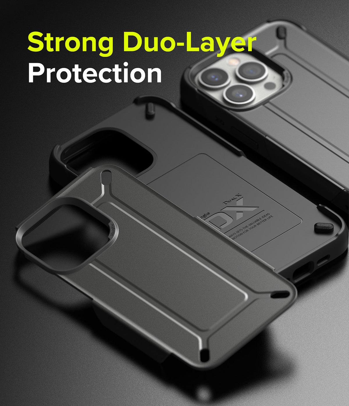iPhone 13 Pro Case | DX - Two-piece matte black protective phone case shown disassembled on a dark surface.