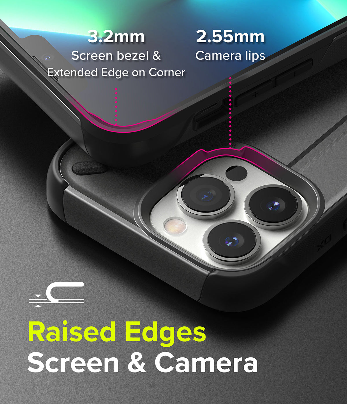 iPhone 13 Pro Case | DX - Close-up of phone case showing 3.2mm screen bezel and 2.55mm camera lip protection.