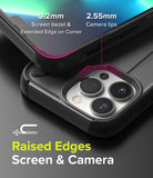 iPhone 13 Pro Case | DX - Close-up of phone case showing 3.2mm screen bezel and 2.55mm camera lip protection.