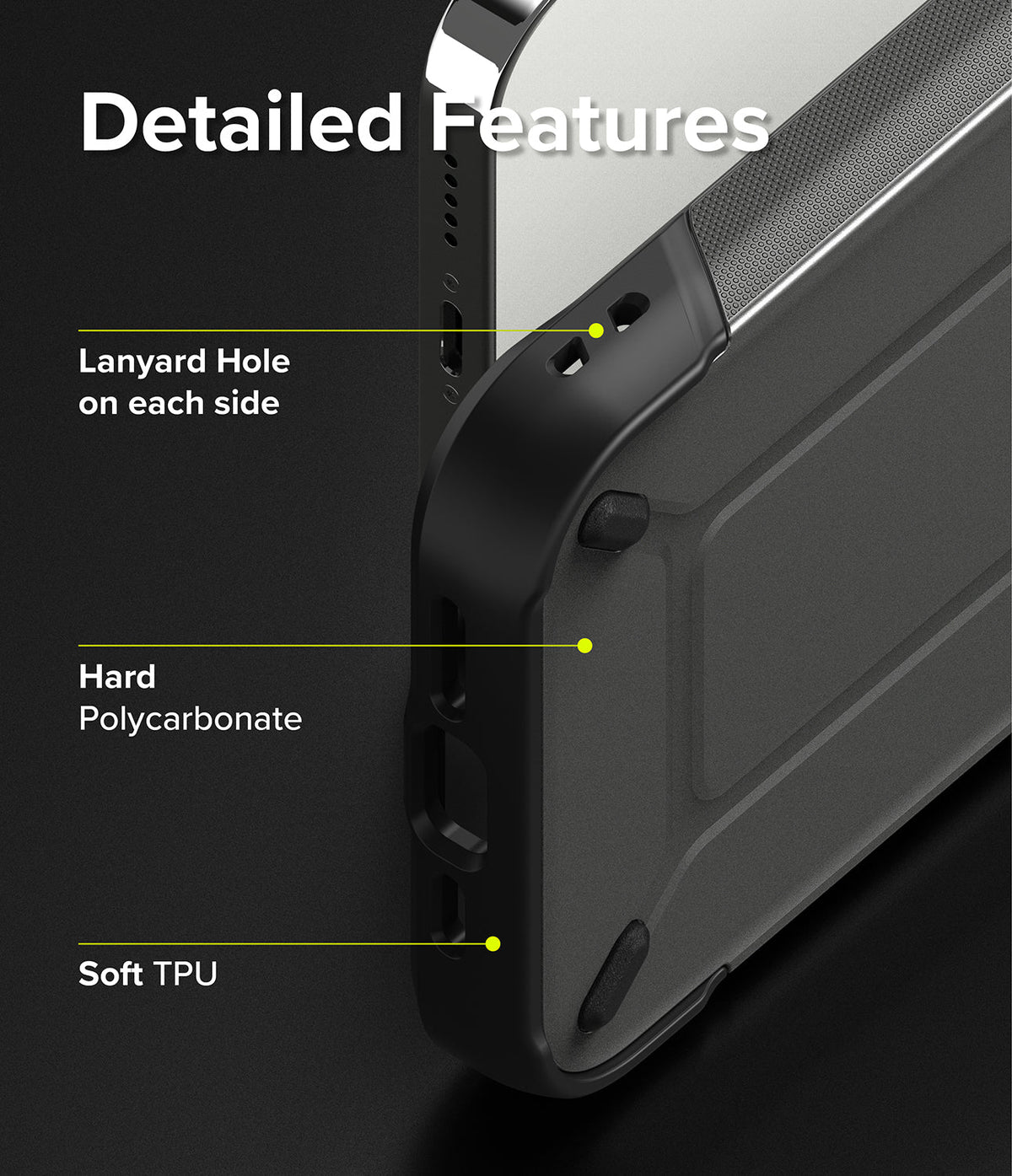 iPhone 13 Pro Case | DX - Close-up of phone case highlighting lanyard holes, hard polycarbonate back, and soft TPU frame.