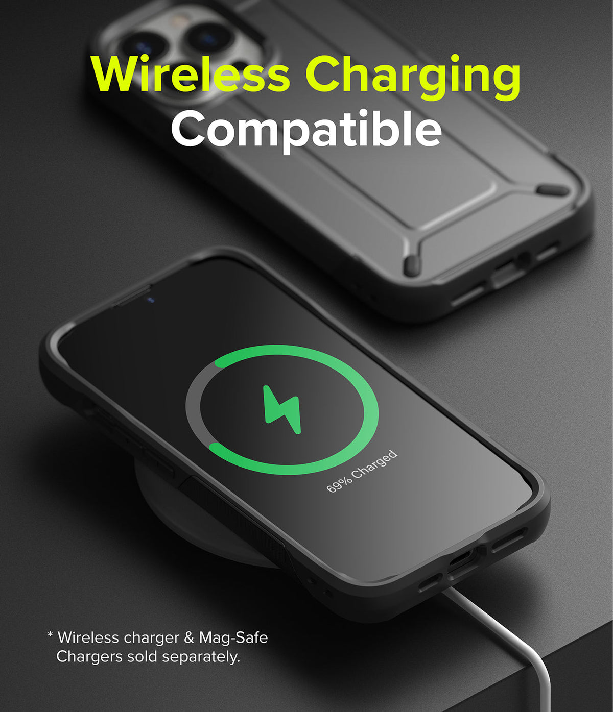 iPhone 13 Pro Case | DX - iPhone 13 Pro in a black case wirelessly charging with a green battery icon on the screen.