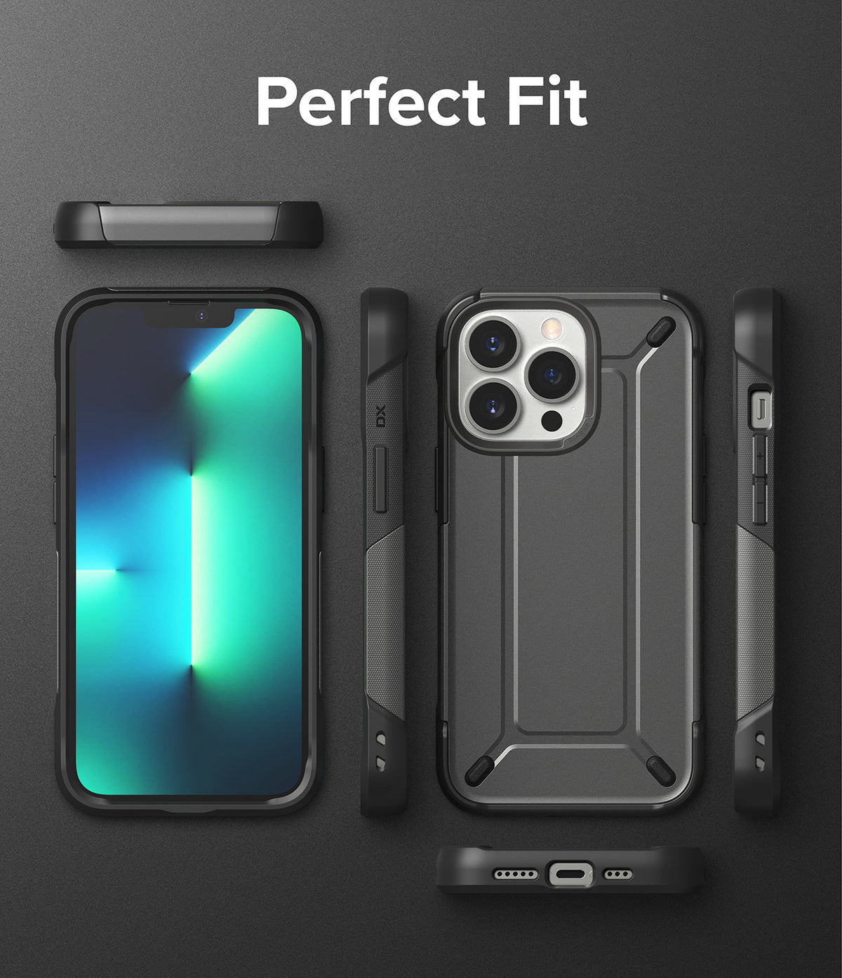iPhone 13 Pro Case | DX - Exploded view of a black protective phone case showing front, back, and side profiles.