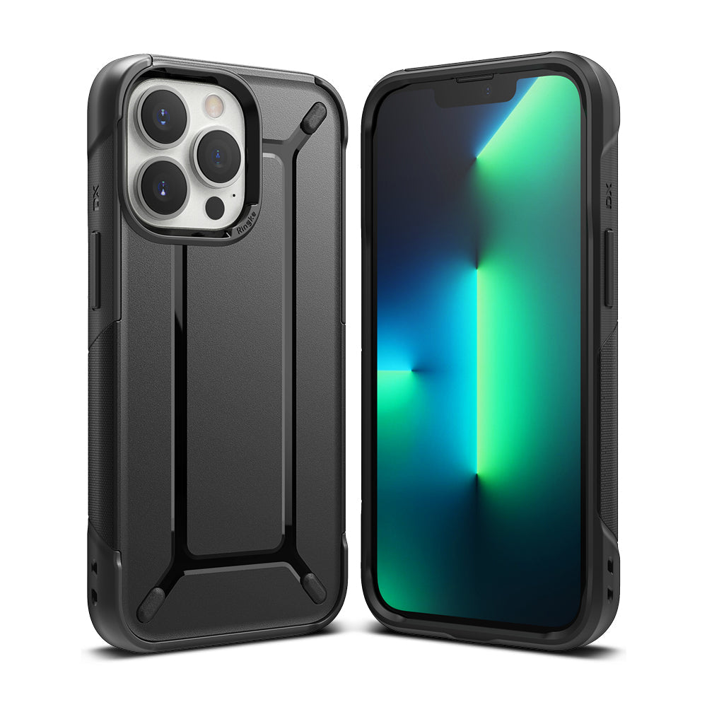 iPhone 13 Pro Max Case | DX - Black protective phone case shown from back and front with a green gradient screen display.