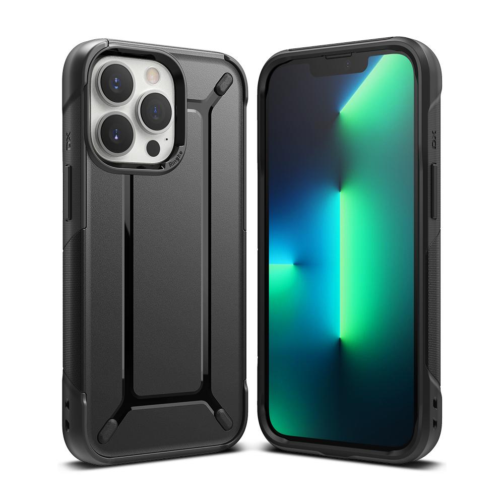 iPhone 13 Pro Case | DX - Matte black rugged protective case shown from front and back angles with a glowing green screen.