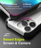 iPhone 13 Pro Case | DX - Close-up of phone case showing 3.2mm screen bezel and 2.55mm raised camera lips for protection.