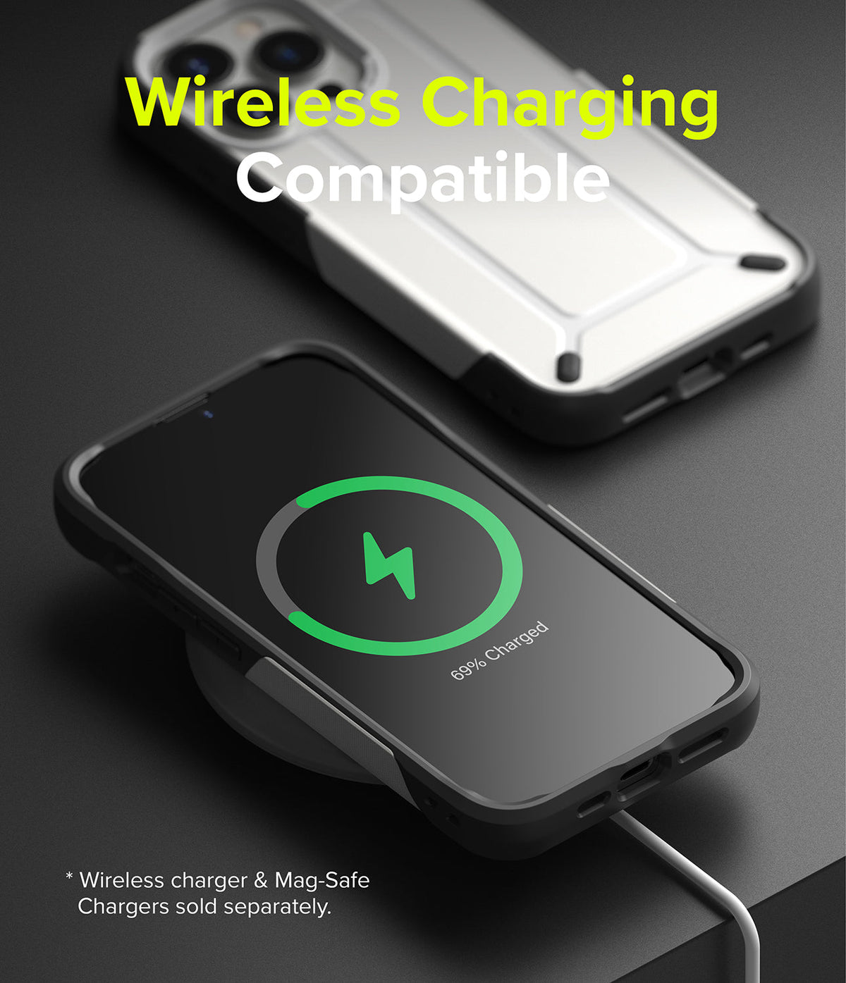 iPhone 13 Pro Case | DX - iPhone 13 Pro in a protective case wirelessly charging with a green battery icon on the screen.