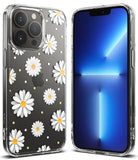 iPhone 13 Pro Case | Fusion Design - Clear phone case with white daisy pattern and yellow centers on a black iPhone 13 Pro.