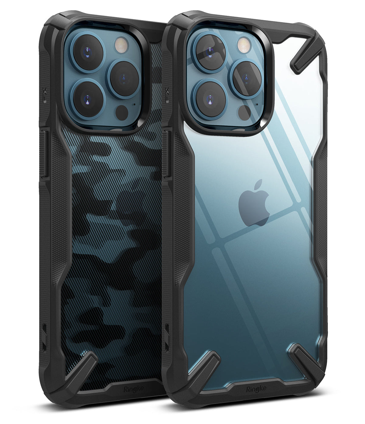 iPhone 13 Pro Case | Fusion-X - Two iPhone 13 Pro phones in black rugged cases, one with camo pattern and one clear back.