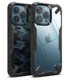 iPhone 13 Pro Case | Fusion-X - Two iPhone 13 Pro phones in black rugged cases, one with camo pattern and one clear back.