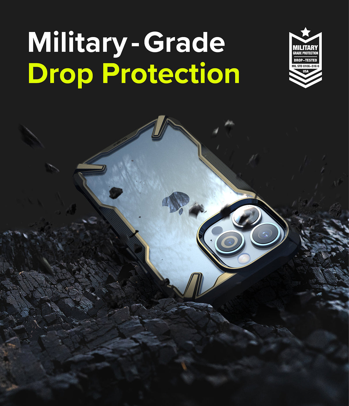 iPhone 13 Pro Case | Fusion-X - iPhone 13 Pro in a rugged, clear Fusion-X case hovering over dark, rocky debris.