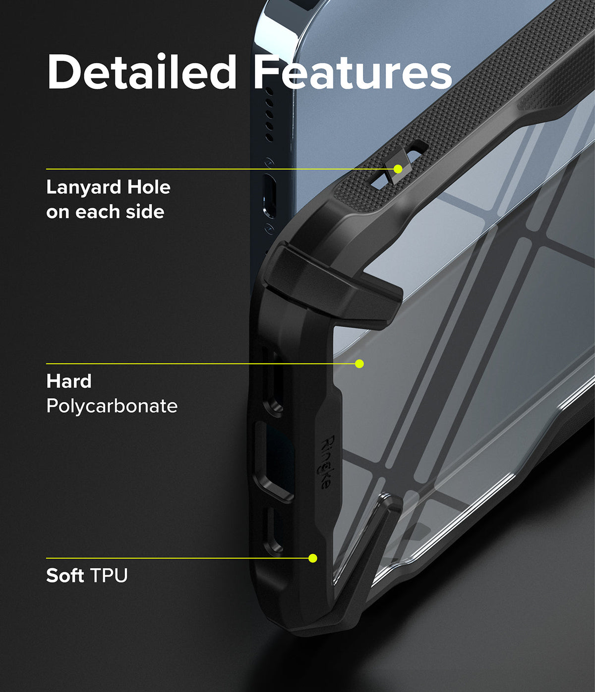 iPhone 13 Pro Case | Fusion-X - Close-up of phone case features highlighting lanyard holes, polycarbonate back, and soft TPU frame.