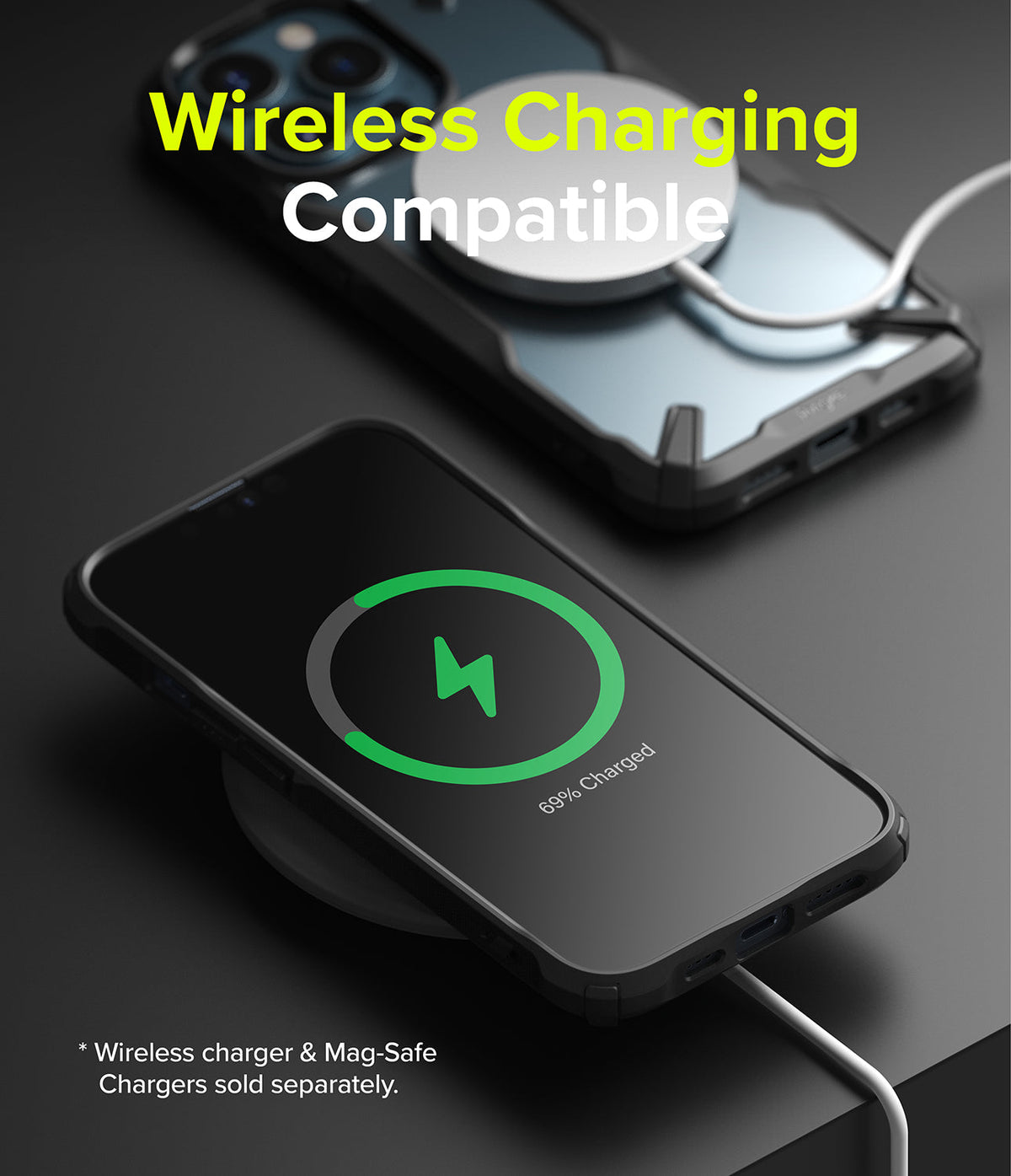 iPhone 13 Pro Case | Fusion-X - iPhone 13 Pro in a black Fusion-X case wirelessly charging with a green battery icon on screen.