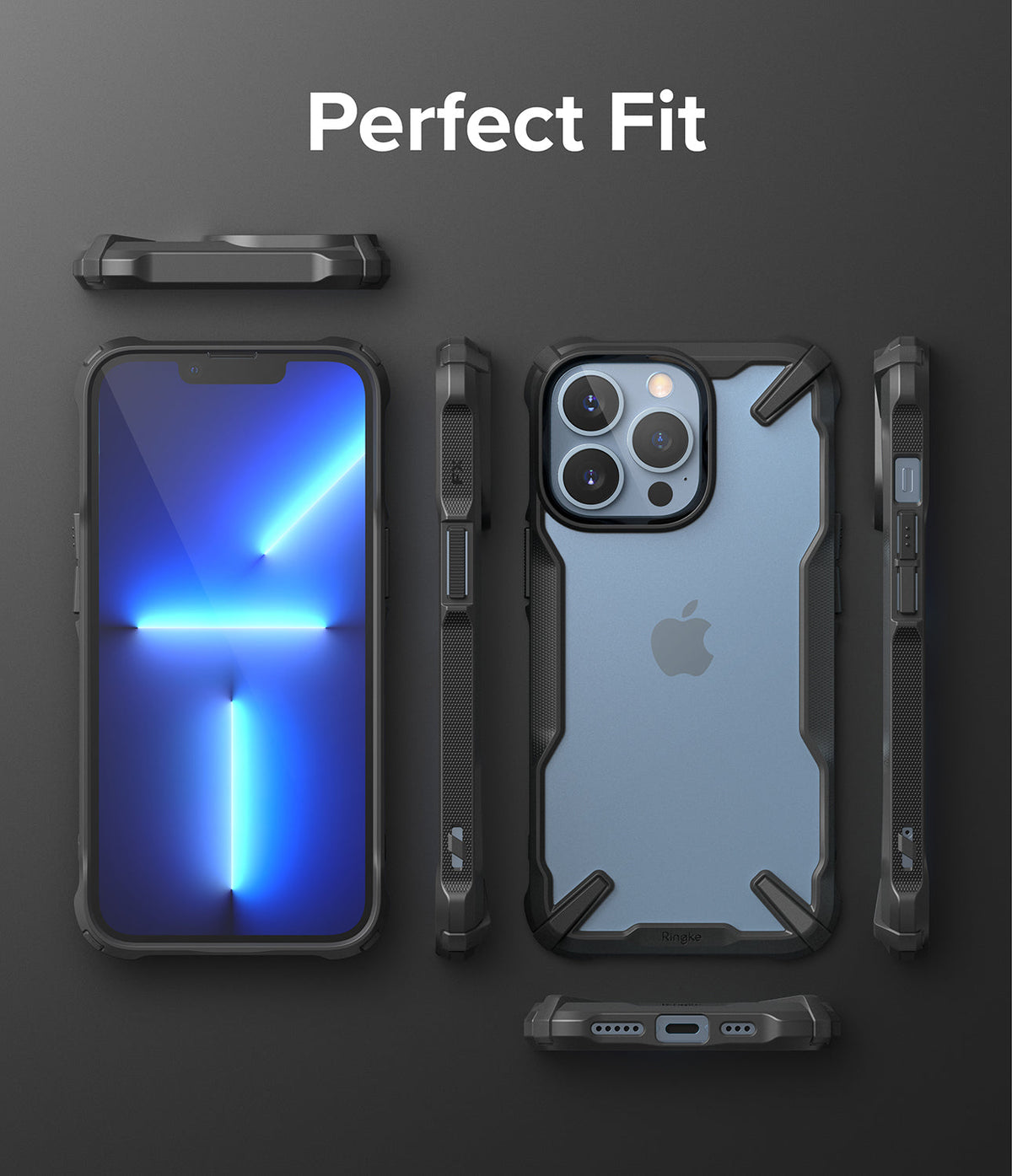 iPhone 13 Pro Case | Fusion-X - Multiple views of a rugged black phone case on an iPhone 13 Pro against a dark background.