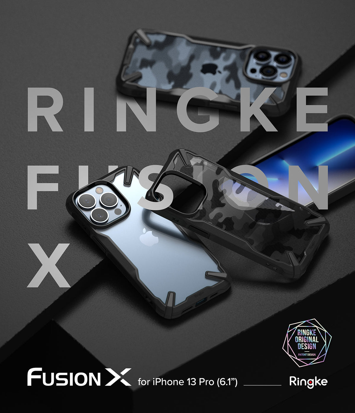 iPhone 13 Pro Case | Fusion-X - Three Ringke Fusion-X cases for iPhone 13 Pro displayed on a dark, textured surface.