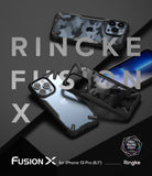 iPhone 13 Pro Case | Fusion-X - Three Ringke Fusion-X cases for iPhone 13 Pro displayed on a dark surface with camo patterns.