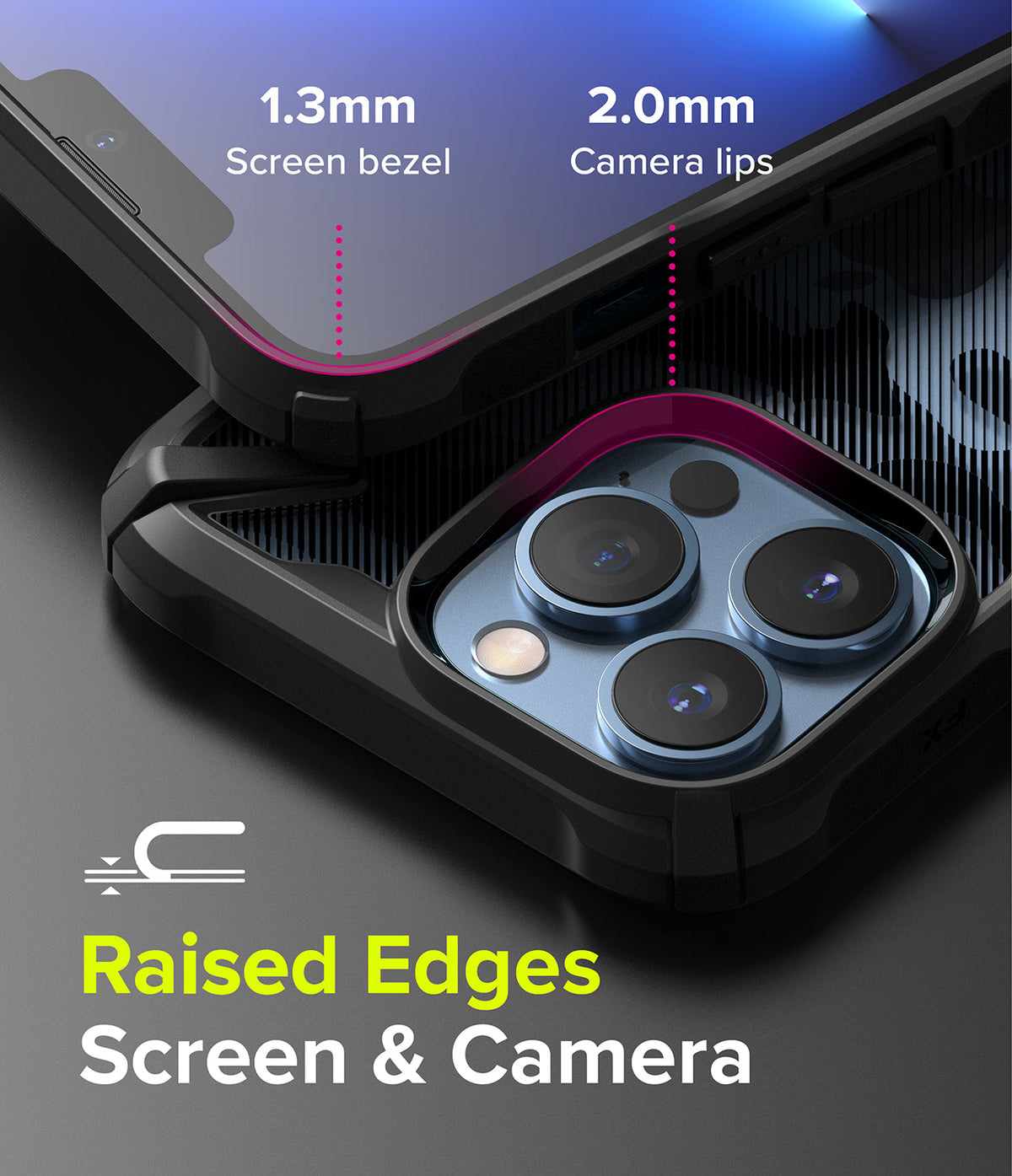 iPhone 13 Pro Case | Fusion-X - Close-up showing 1.3mm screen bezel and 2.0mm camera lips on a protective phone case.