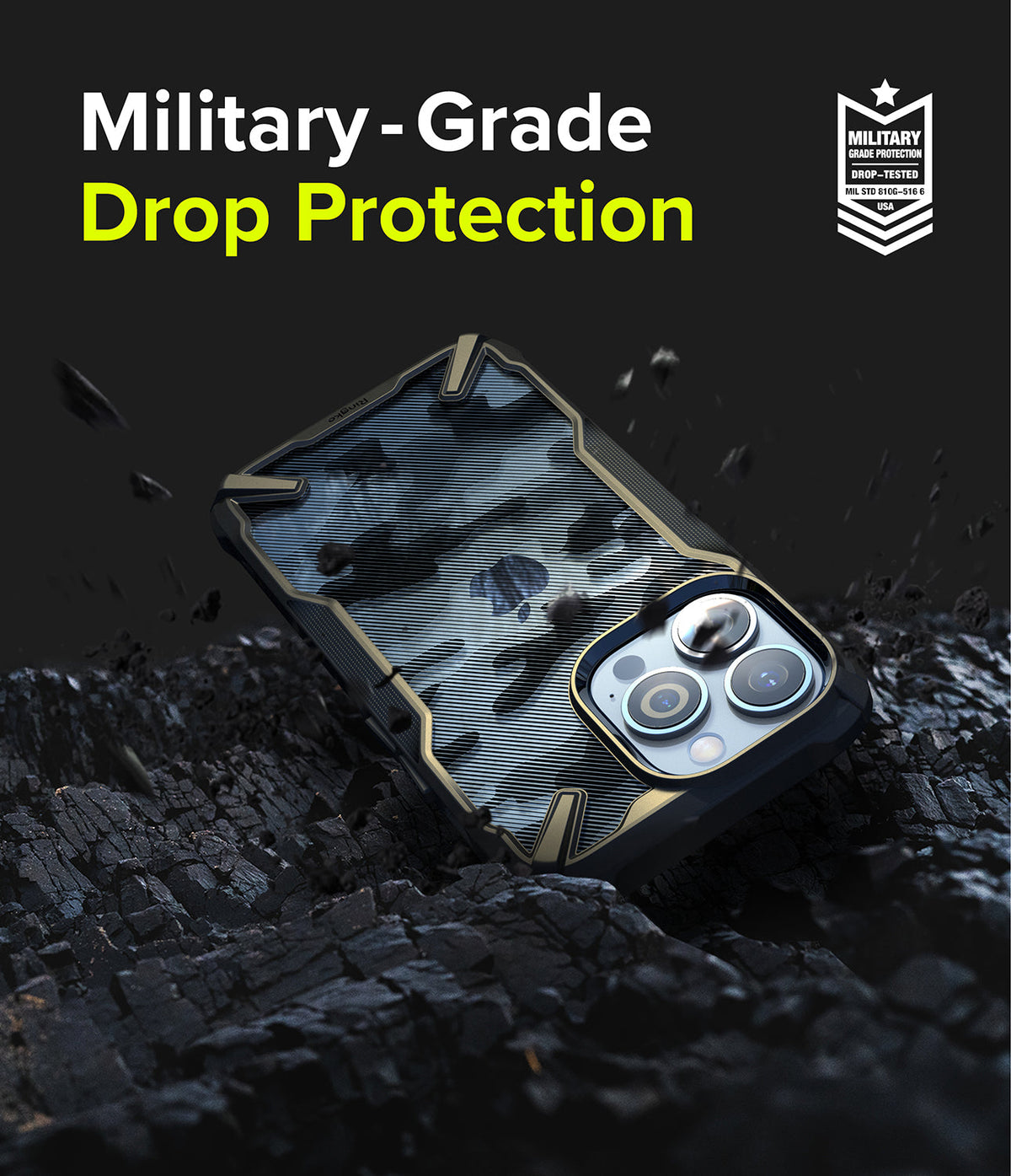 iPhone 13 Pro Case | Fusion-X - Camouflage phone case on rocky surface with Military-Grade Drop Protection text.