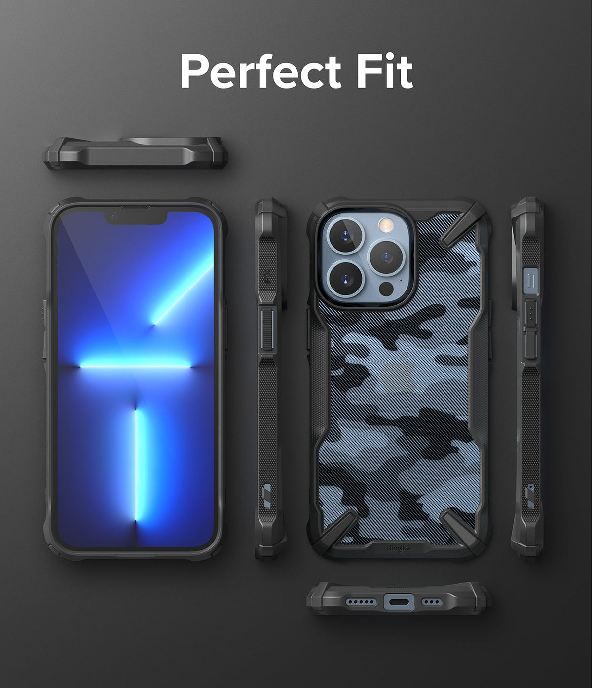 iPhone 13 Pro Case | Fusion-X - Multiple views of a camo-patterned phone case showing front, back, and side profiles.