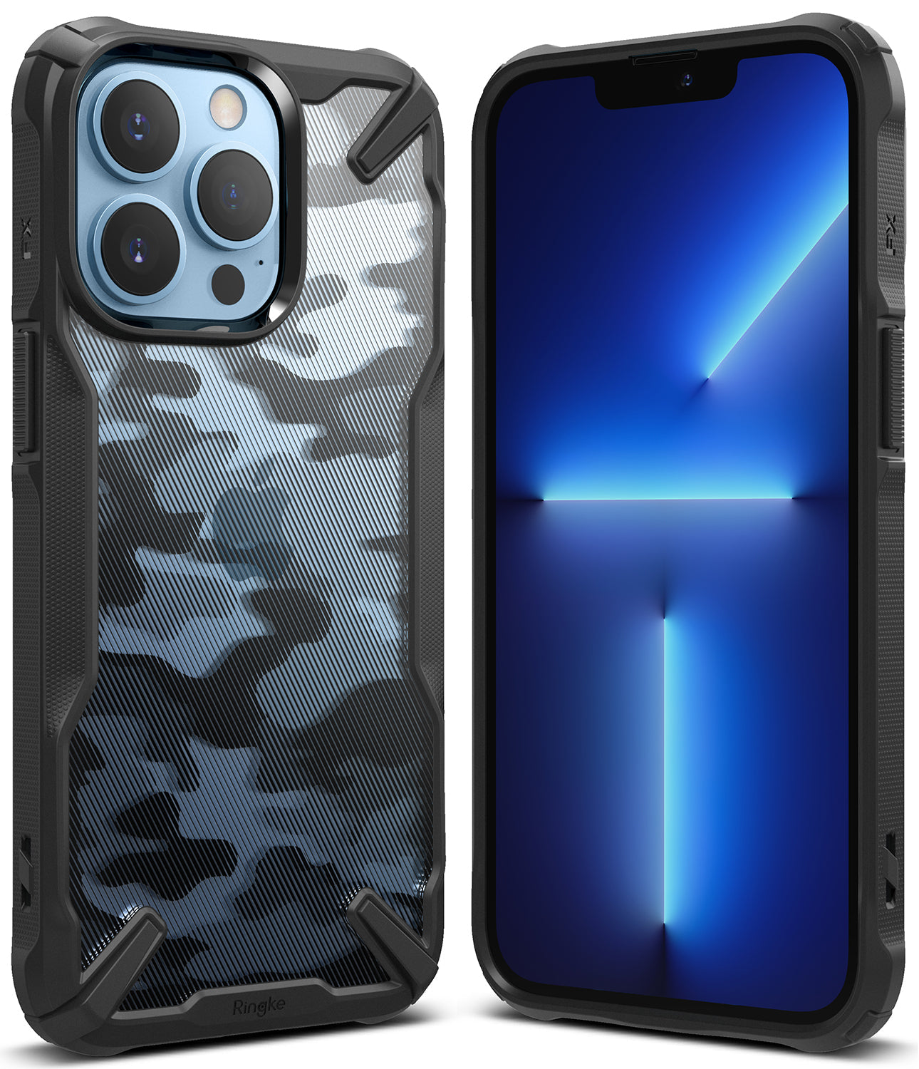 iPhone 13 Pro Case | Fusion-X - Black camouflage protective phone case shown from the back and front with a blue screen.