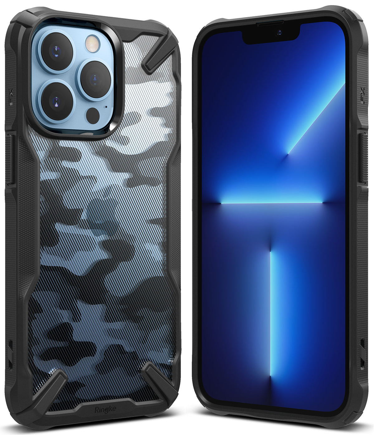 iPhone 13 Pro Case | Fusion-X - Black camouflage protective phone case shown from the back and front with a blue screen.