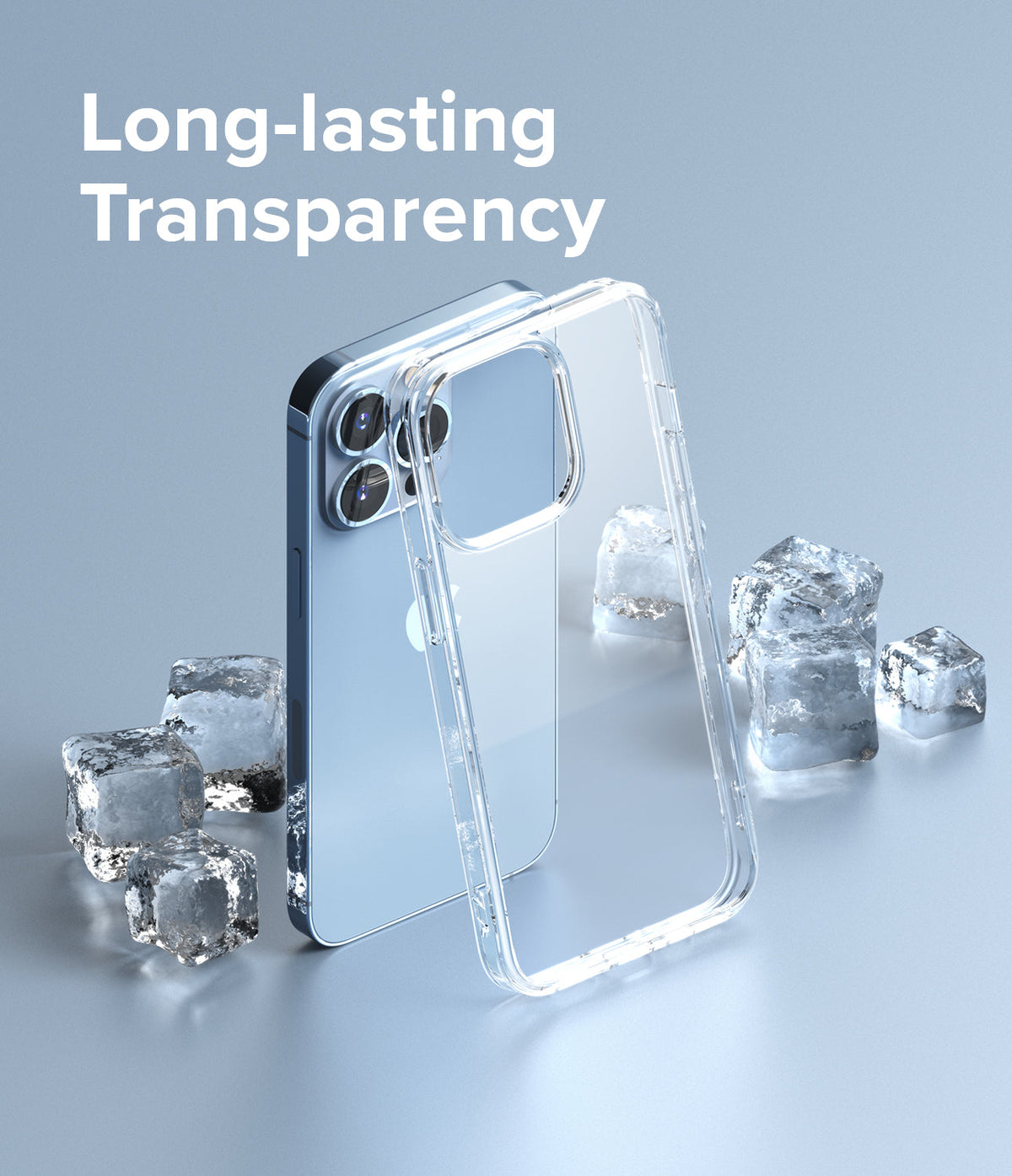 iPhone 13 Pro Case | Fusion - Clear phone case standing next to a blue iPhone 13 Pro surrounded by ice cubes.