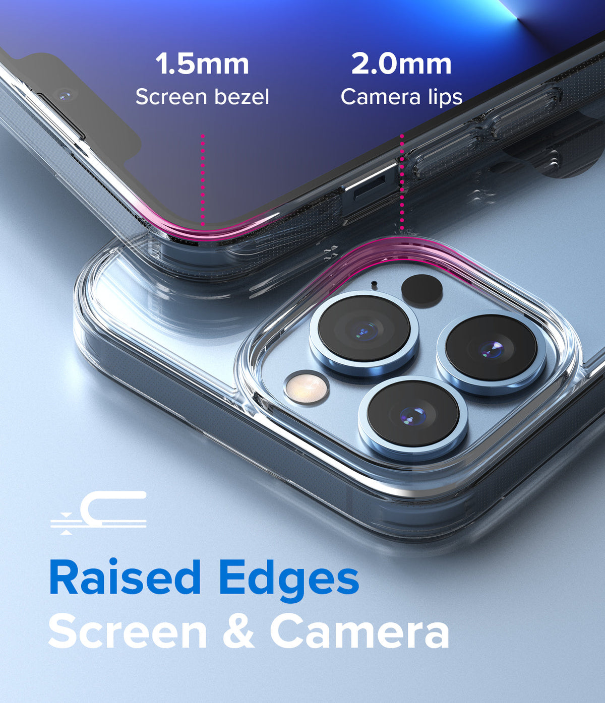 iPhone 13 Pro Case | Fusion - Close-up showing 1.5mm screen bezel and 2.0mm camera lips on a clear protective phone case.