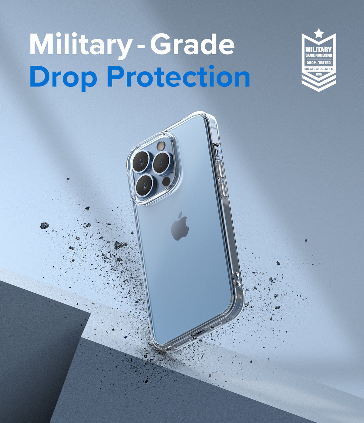 iPhone 13 Pro Case | Fusion - Clear phone case on a blue background with debris and a military-grade protection badge.