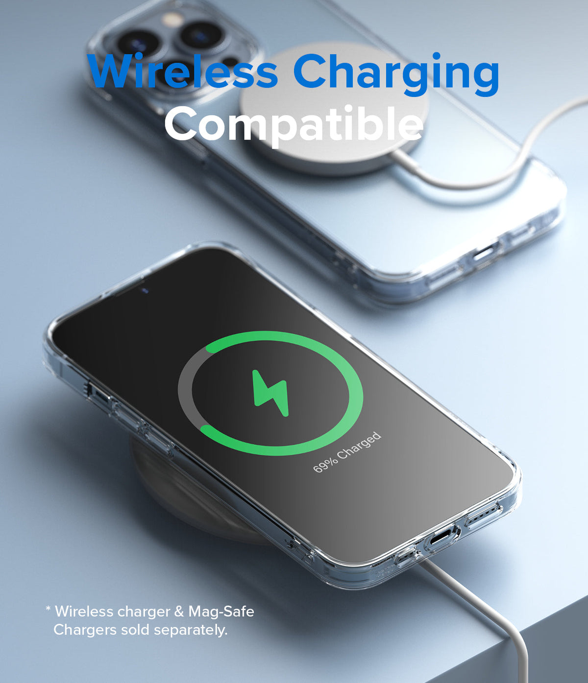 iPhone 13 Pro Case | Fusion - Clear iPhone 13 Pro case on a wireless charger showing a charging icon on the screen.