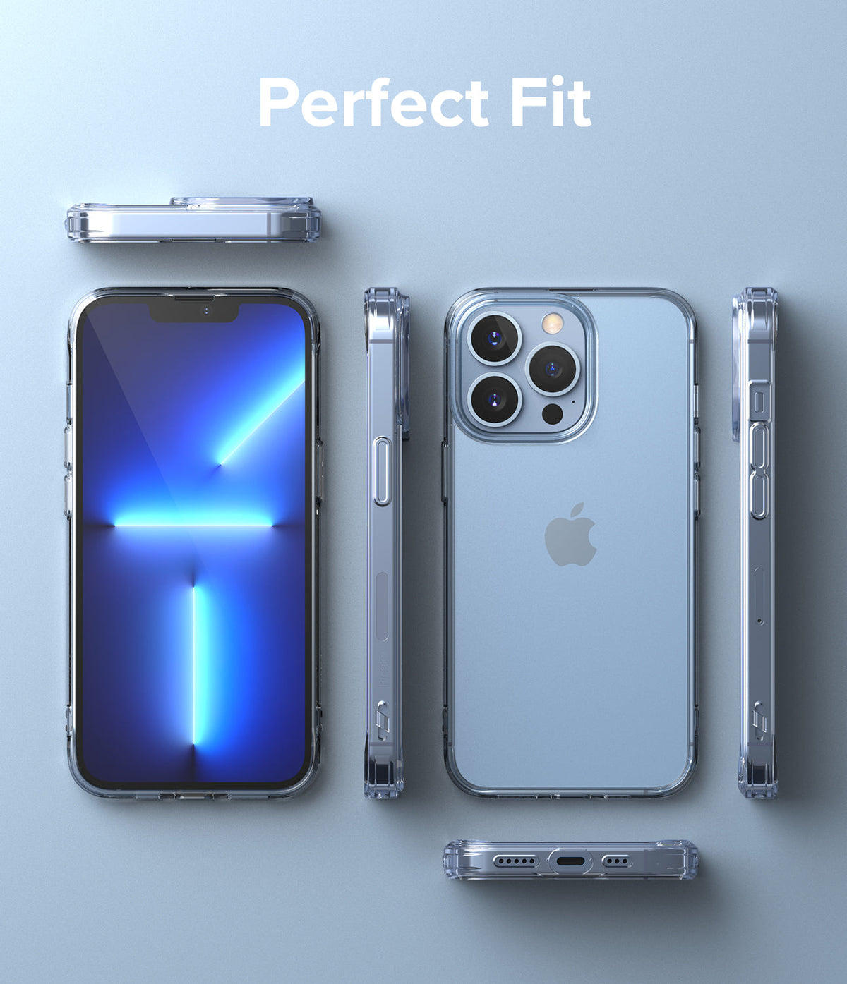 iPhone 13 Pro Case | Fusion - Clear phone case shown from multiple angles on a light blue background with Perfect Fit text.