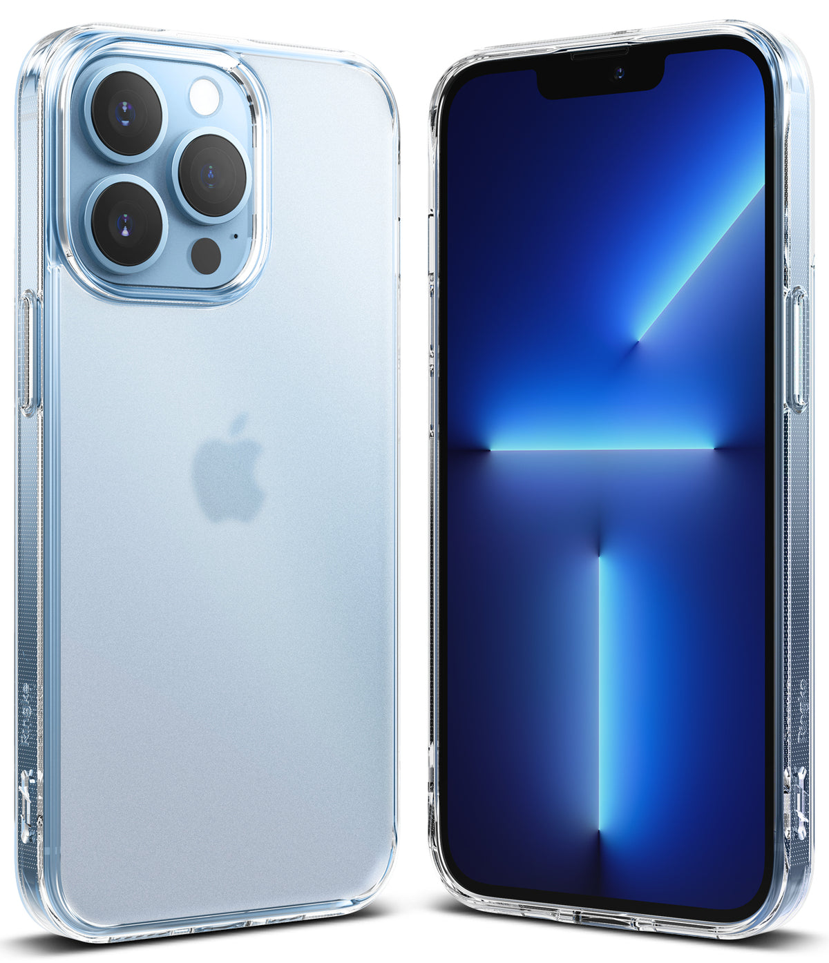 iPhone 13 Pro Case | Fusion Matte - Clear protective case on a light blue iPhone 13 Pro showing front and back views.